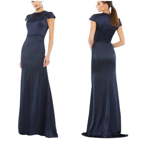 Mac Duggal NWT Satin Cap Sleeve Gown Midnight Blue Size 12 High Neck Back Train - Picture 1 of 8